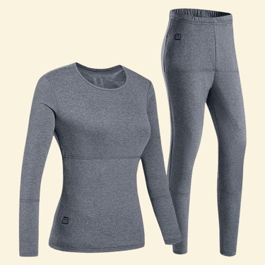 Front and side view of Warmweave™ women's USB heated thermal top and bottom set in grey color